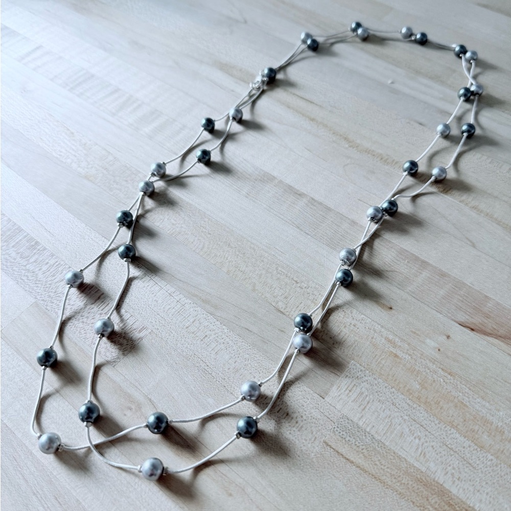 Elegant Blue Pearl and Silver Chain Long Necklace